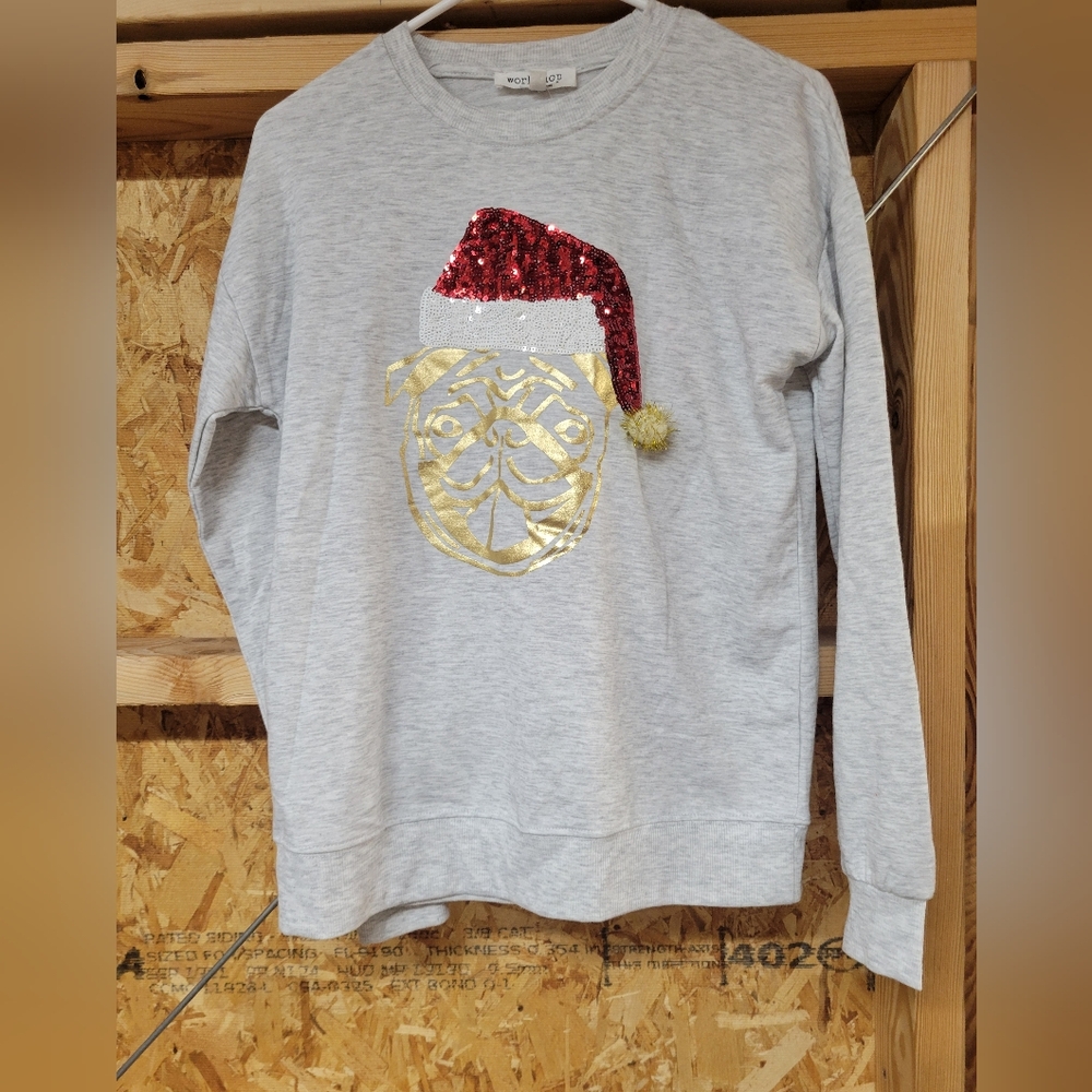 Workshop NWOT Womans Bulldog Santa Sequin‎ Sweatshirt Size XS